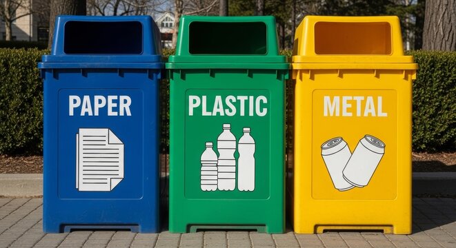 Recycling bins with color-coded labels for paper, plastic, and metal outdoors