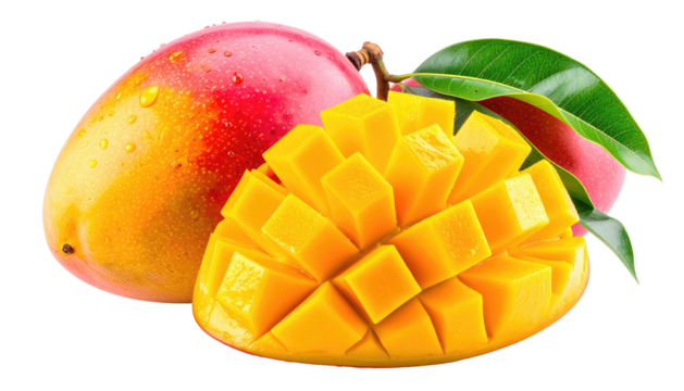 A mango and cut mango chunk with green leaves against black background. The mango is splashed with droplets