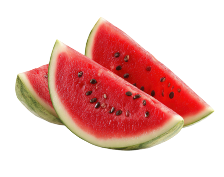 Three juicy, ripe watermelon slices, showing off their vibrant red flesh and scattered black seeds against black backdrop