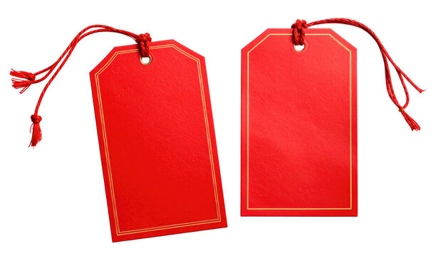Two bright red tags, one angled, tied with string, lined in gold, against a stark black background