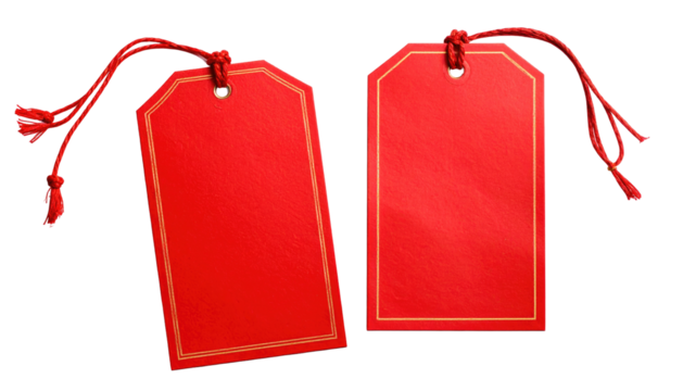 Two bright red tags, one angled, tied with string, lined in gold, against a stark black background