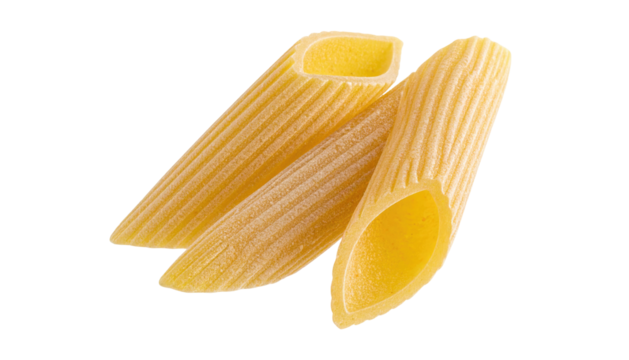 Three pieces of penne pasta, tan with ridges, arranged in a cluster on a solid black background