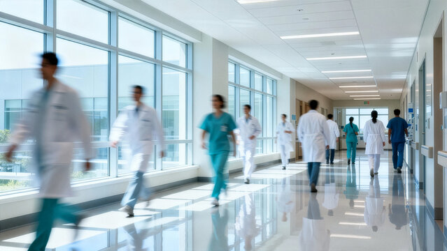 Blurred Doctors and Nurses in Busy Hospital Corridor
The hospital corridor is brightly lit and features large windows, reflecting the polished floor
