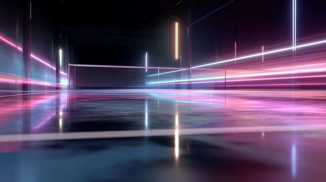 Dynamic neon lights illuminate a futuristic sports court at night
