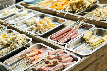 Street food skewers fresh and ready to grill
