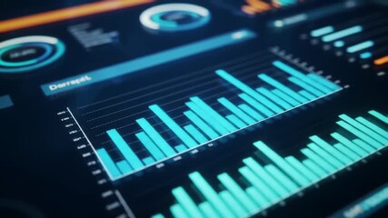 Futuristic digital interface displaying glowing cyan bar graphs and circular progress indicators on a dark background representing data analysis and technology - Powered by Adobe