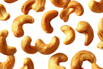 Isolated cashew nuts against a black backdrop, emphasizing their curved shape and golden brown hue