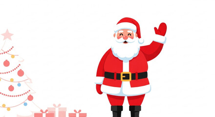 Fototapeta premium Santa Claus waving next to decorated Christmas tree and presents 