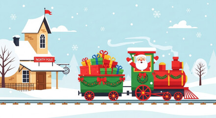 Santa Claus with colorful gifts on Christmas train at North Pole  