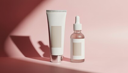 Minimalist Cream and Serum Mockup on Pink Beauty and Skincare Products Still Life