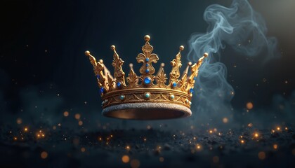 Naklejka premium Golden crown with blue gems sits on dark ground. Smoke drifts around ornate royal headwear. Sparks and stars create magical fantasy atmosphere. Symbol of power and luxury.