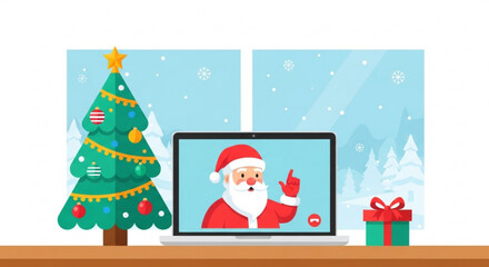 Fototapeta premium Christmas tree and laptop displaying Santa Claus during winter 
