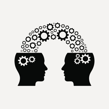 Two heads with gears connecting, representing ideas, collaboration, and knowledge sharing in business