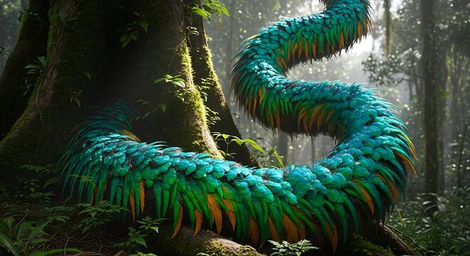 Feathered Serpent Creature Coiled Around a Tree in a Lush Forest mythical fantasy