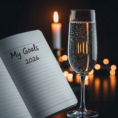Planning for 2026 with champagne notebook and inspiring candle light