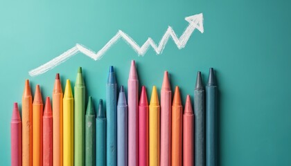 Colorful crayons arranged like bar chart on teal background. White chalk-drawn arrow shows strong upward trend. Image visually represents financial growth, market progress, business success,
