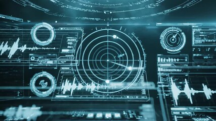 Futuristic holographic interface displaying radar and waveform data with glowing blue accents and digital readouts - Powered by Adobe