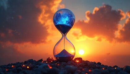 Fototapeta premium Illustration features a celestial hourglass against sunset sky. The artwork symbolizes the passage of time its fleeting nature. Evening scene creates a dramatic impression with sand falling