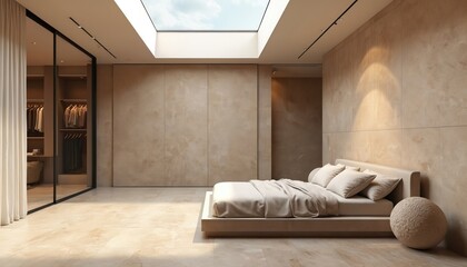 Modern bedroom interior in calm minimalist design with neutral beige tones. Room travertine tiles, walk-in closet, large roof skylight. Luxury contemporary apartment with designer furniture for