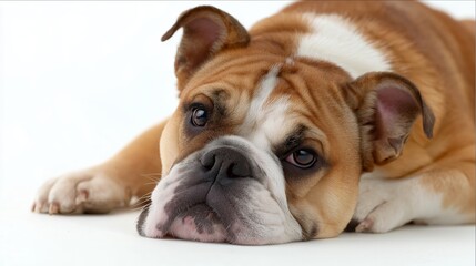 Fototapeta premium Bulldog lying down with a relaxed expression in a cozy indoor setting