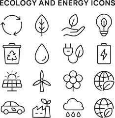 Ecology and energy related icons set. Including sustainability, recycling, green, power, solar, nature, and eco. Editable stroke. outline icons.