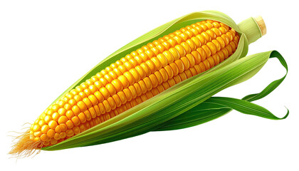 Vivid, isolated ear of corn with golden kernels nestled in green husks on a dark backdrop