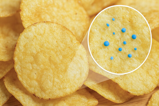 Crispy potato chip closeup showing microplastics pollution on surface with magnified view highlighting blue particles crunchy snack texture golden color