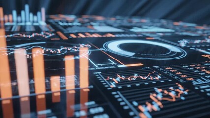 Futuristic digital interface displaying glowing financial data charts and graphs with rising and falling trends in blue and orange hues - Powered by Adobe
