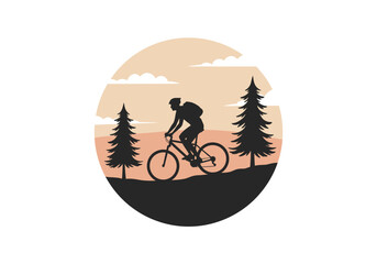 Silhouette of a cyclist riding through a scenic landscape.