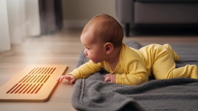 Baby playing on floor near wooden ventilation grate with warm air coming out, home climate control system footage