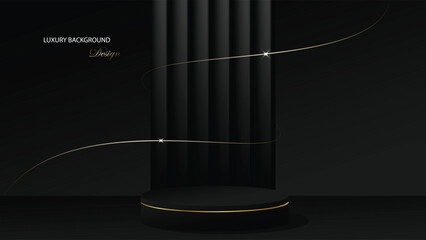 Black podium background vector design. Podium and stage background with gold and black combination. Black abstract background. Suit for banner, poster, certificate, web, product promotion, etc