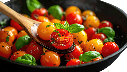Pan of colorful cherry tomatoes with basil, being scooped by a wooden spoon in a close-up, high-angle food shot