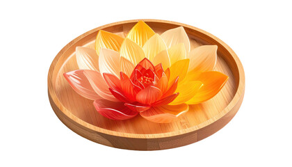 Floral arrangement red, orange, and yellow glass petals in a light brown wooden bowl against a solid black background