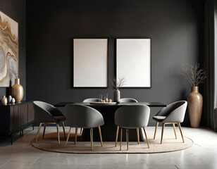Modern dark dining room features large table and grey chairs. Two empty white frames hang on wall. Large abstract artwork is on left wall. Luxurious and elegant interior design with stylish furniture.