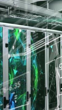 Animation of hud screens with numbers and graphs, connected dots and globe on data server racks