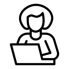 Manager girl with new laptop line icon, cyber monday concept. Vector graphics. Woman of tech engineering, avatar sign on white background, style icon mobile or web design.