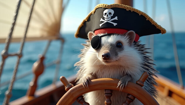 Cute hedgehog in pirate costume with hat, eyepatch sails boat at sea. Funny animal captain steers ship wheel on adventure voyage. Adorable pet character on whimsical journey exploring vast blue ocean.