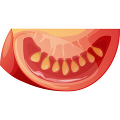 Red Tomato Slice With Yellow Seeds And Translucent Skin Fresh Healthy Food Ingredient Isolated On White Background With Visible Texture Details