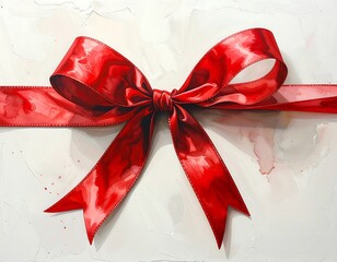 A vibrant, watercolor-style illustration of a bright red ribbon tied into a bow against a white backdrop