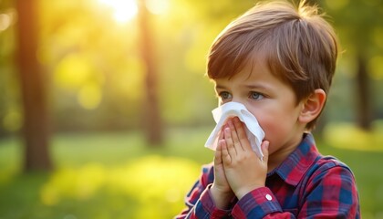 Obraz premium Young boy with freckles wipes nose with white tissue outdoors. Child has blue eyes and wears a red plaid shirt. Sunny park background with green grass and trees. Allergy season discomfort shown.