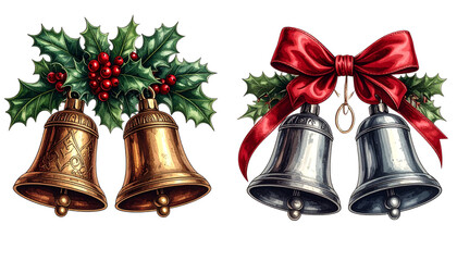 Classic and modern Christmas bells collection, isolated on transparent background