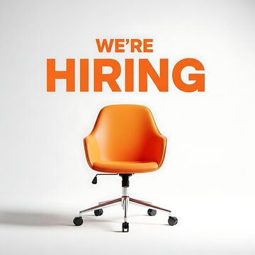 An empty bright orange modern office chair stands in front of a white background with the bold text we re hiring prominently displayed above