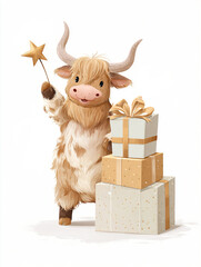 Cute cartoon cow holding a star next to stacked gift boxes  