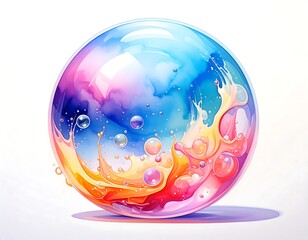 A vibrant, watercolor-style sphere with colors blending within; bubbles and a splash effect