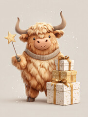 Illustration of cute character Highland cow holding a star wand beside wrapped gifts. As Christmas greeting card, print, T-shirt design   