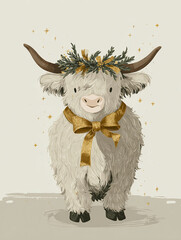 Whimsical cow with wreath and bow standing against a light background. . As Christmas greeting card, print, T-shirt design   