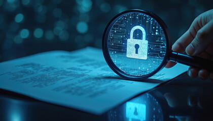 Magnifying glass inspects digital padlock and circuit board on document. Concept for cyber security audit risk analysis and data protection strategy. Information privacy inspection.