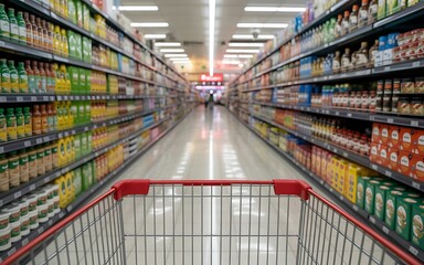 Perspective view from a shopping cart looking down a bright well stocked grocery store aisle filled with colorful products on shelves