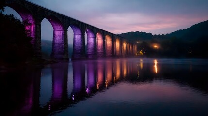 A stone viaduct illuminated with colorful lights reflects on misty water at dusk