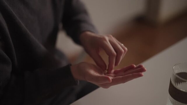 Young woman with cerebral palsy independently taking pills and drinking water medication as part of daily health and treatment routine. Concept of cerebral palsy, physical therapy, disability.